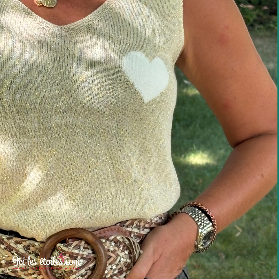 Top paillettes beige cœur blanc