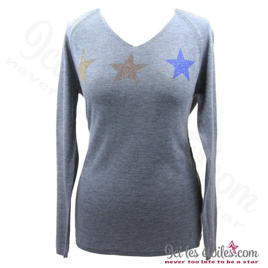Pull gris encolure étoiles
