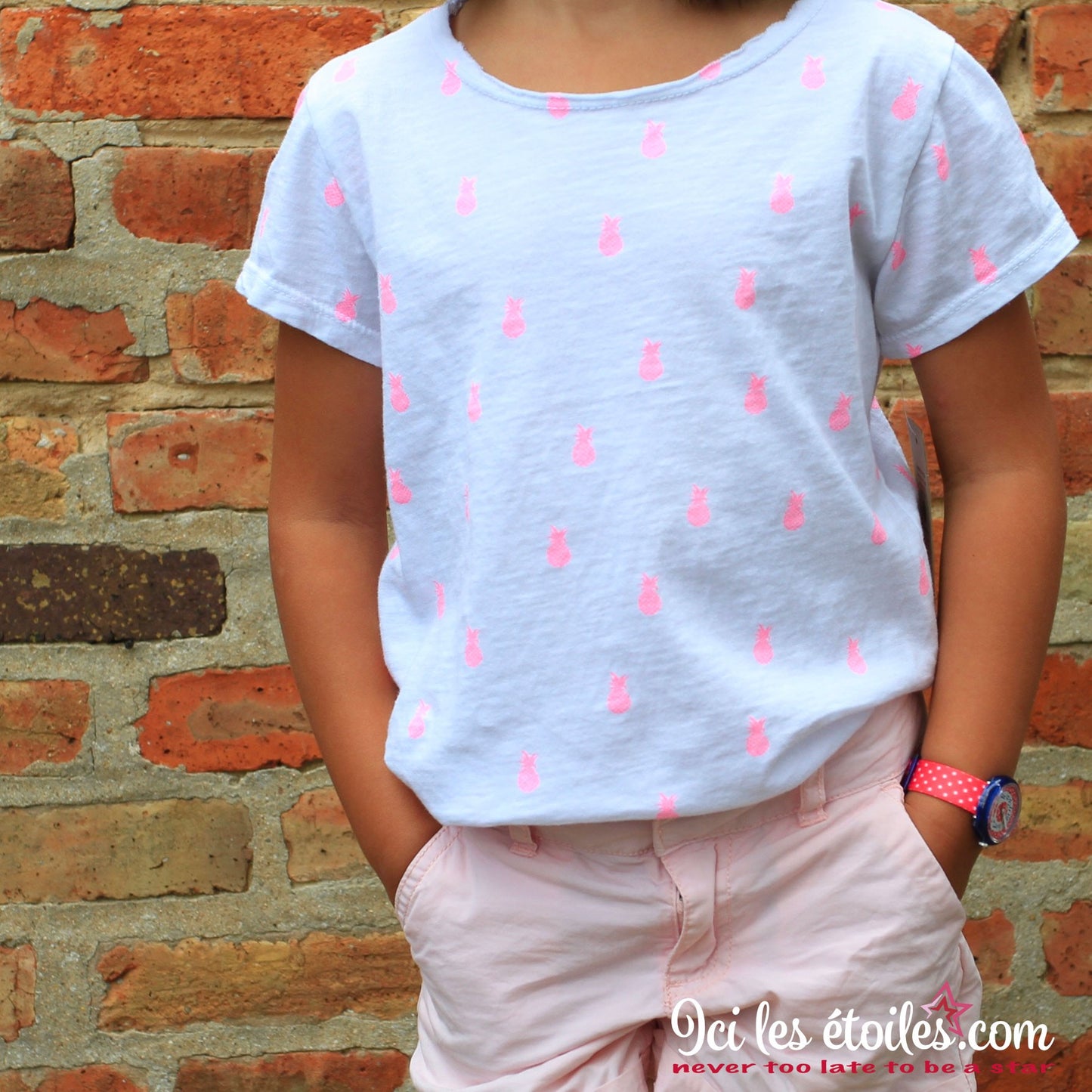 Tee-Shirt Ananas rose fluo 100% coton