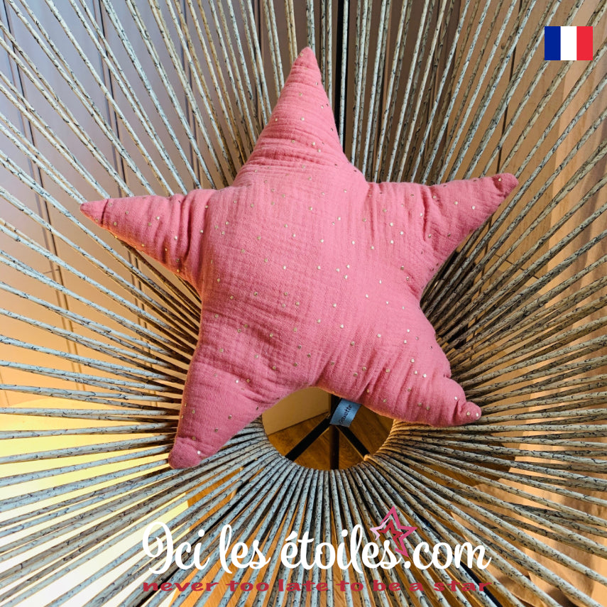 Coussin Étoile à pois dorés Corail