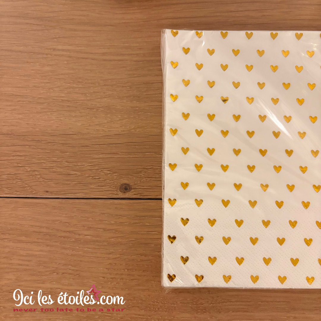 Lot de 20 serviettes blanches cœurs dorés en papier recyclé