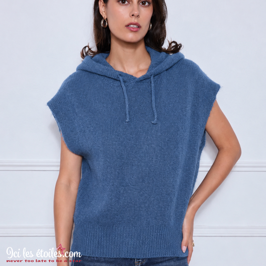 Pull Poncho à capuche Bleu denim
