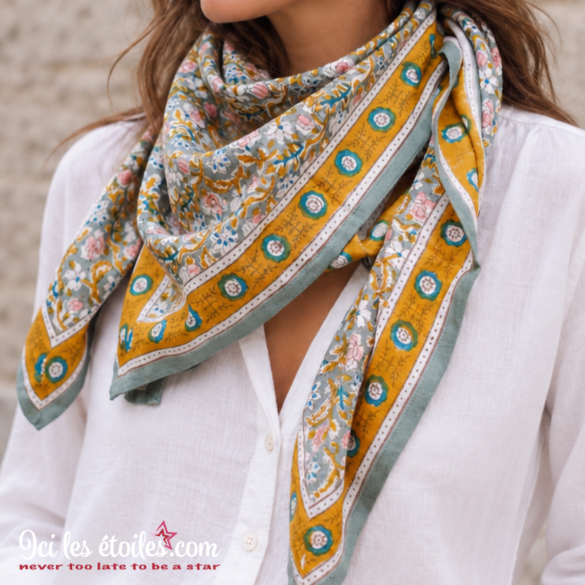Foulard Indien grand modèle “fleurs indiennes” Absynthe Vert de Gris