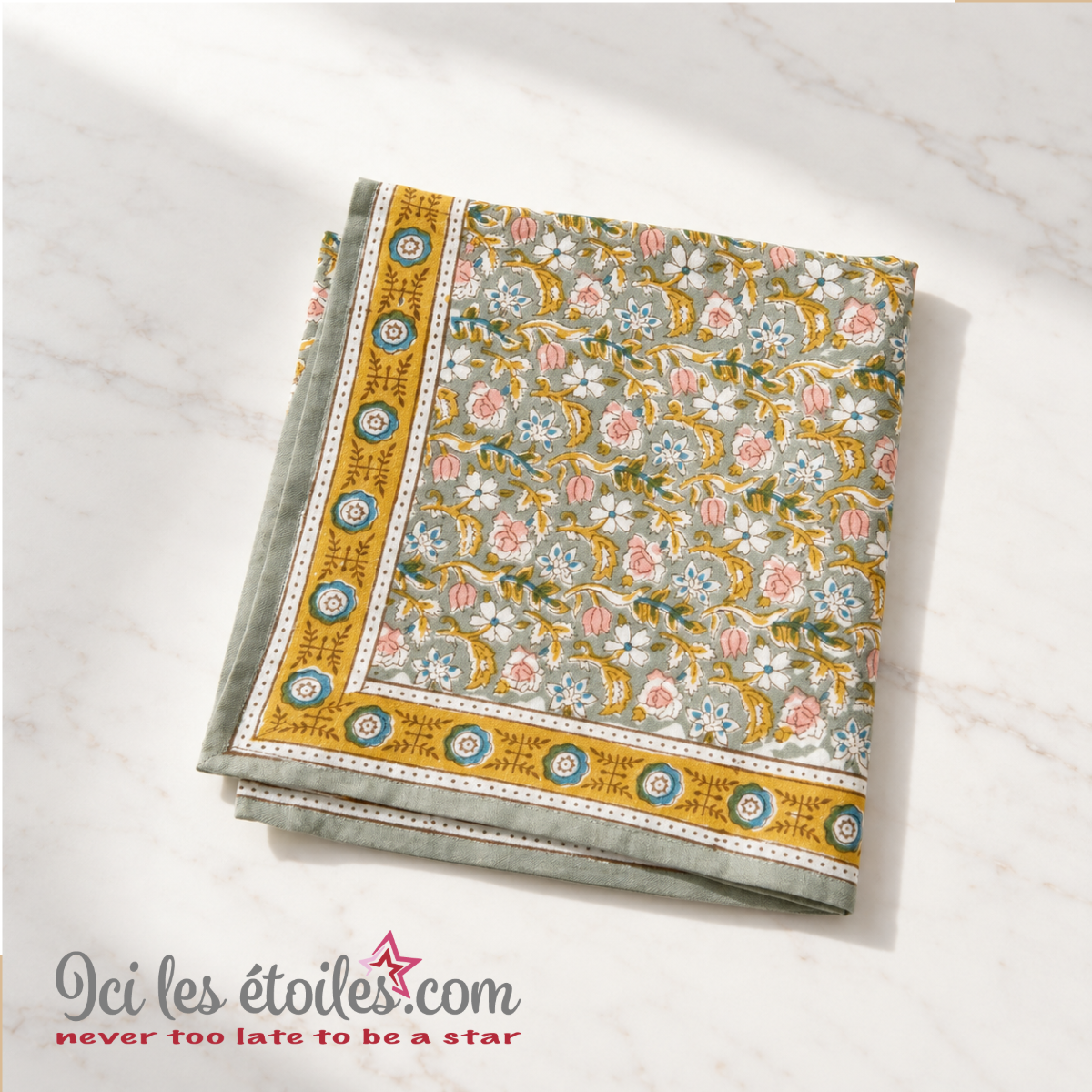 Foulard Indien grand modèle “fleurs indiennes” Absynthe Vert de Gris