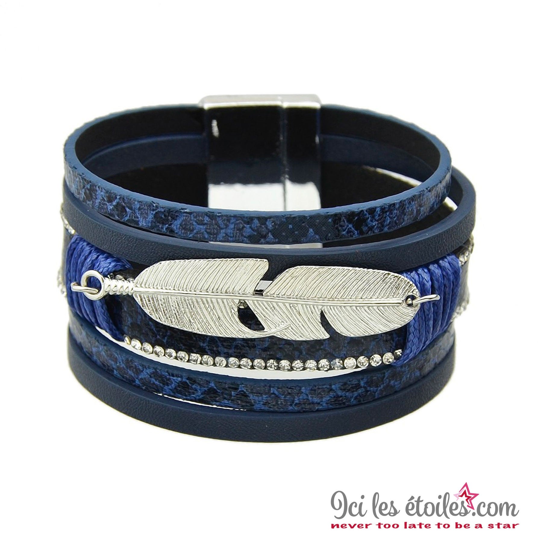 Bracelet plume, strass & cuir bleu marine